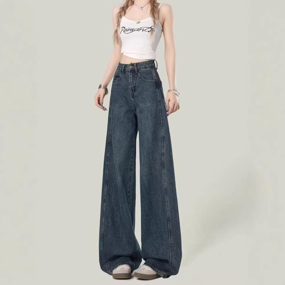 Women's Elastic High-Waisted Wide-Leg Jeans 2026 - Slimming Petite Floor-Length Straight Pants for Spring/Autumn