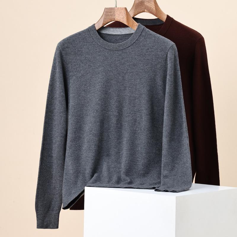 Men's 100% Pure Wool Solid Color Round Neck Sweater - 2025 Autumn/Winter Collection, High-End Base Layer