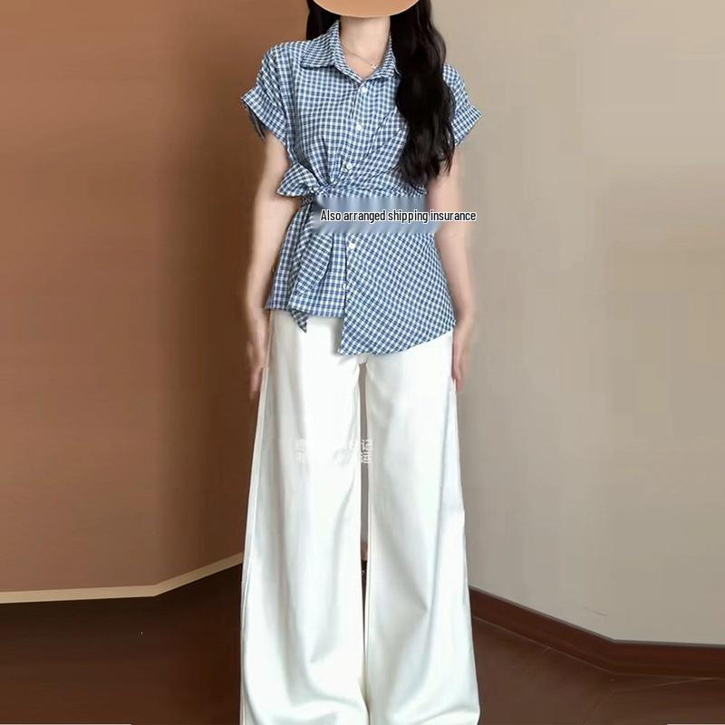 Plus Size Blue Plaid Tie-Waist Short-Sleeve Shirt for Women, Slimming, Summer Hong Kong Style Top