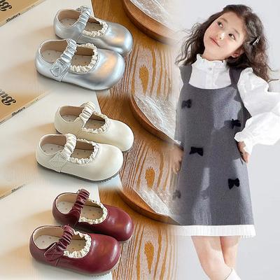 Girls' Solid Color Lace Trimmed Leather Shoes2026New Spring and Summer Performance Shoes for Little Girls, Small, Medium, and Large Children's