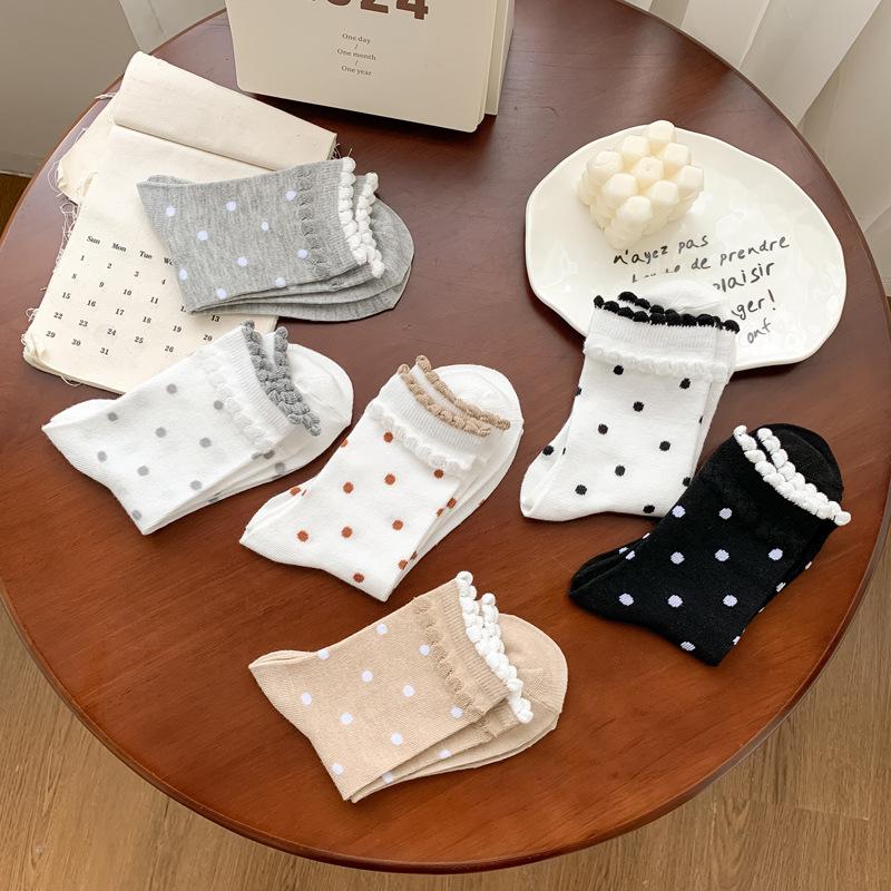 Women's Spring and Summer Thin Color Polka Dot Lace Bubble Mouth Tube Cotton Socks