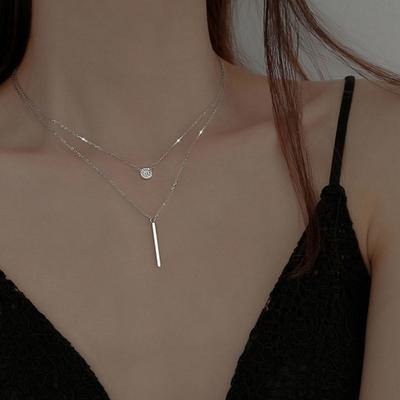 Women Necklace Smooth Double Layers Rhinestone Decor Round Pendant Hollow Chain Stainless Clavicle Necklace Neck Decoration Jewelry