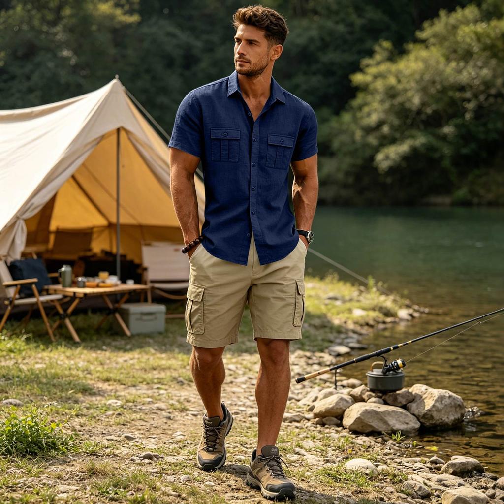 Men's Short Sleeve Work Shirt with Two Pockets Cotton Linen for Casual Everyday Wear