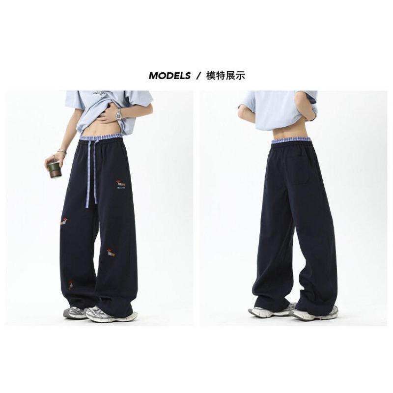 Vintage Puppy Embroidery Loose Wide Leg Double Waist Casual Fleece Long Pants For Men