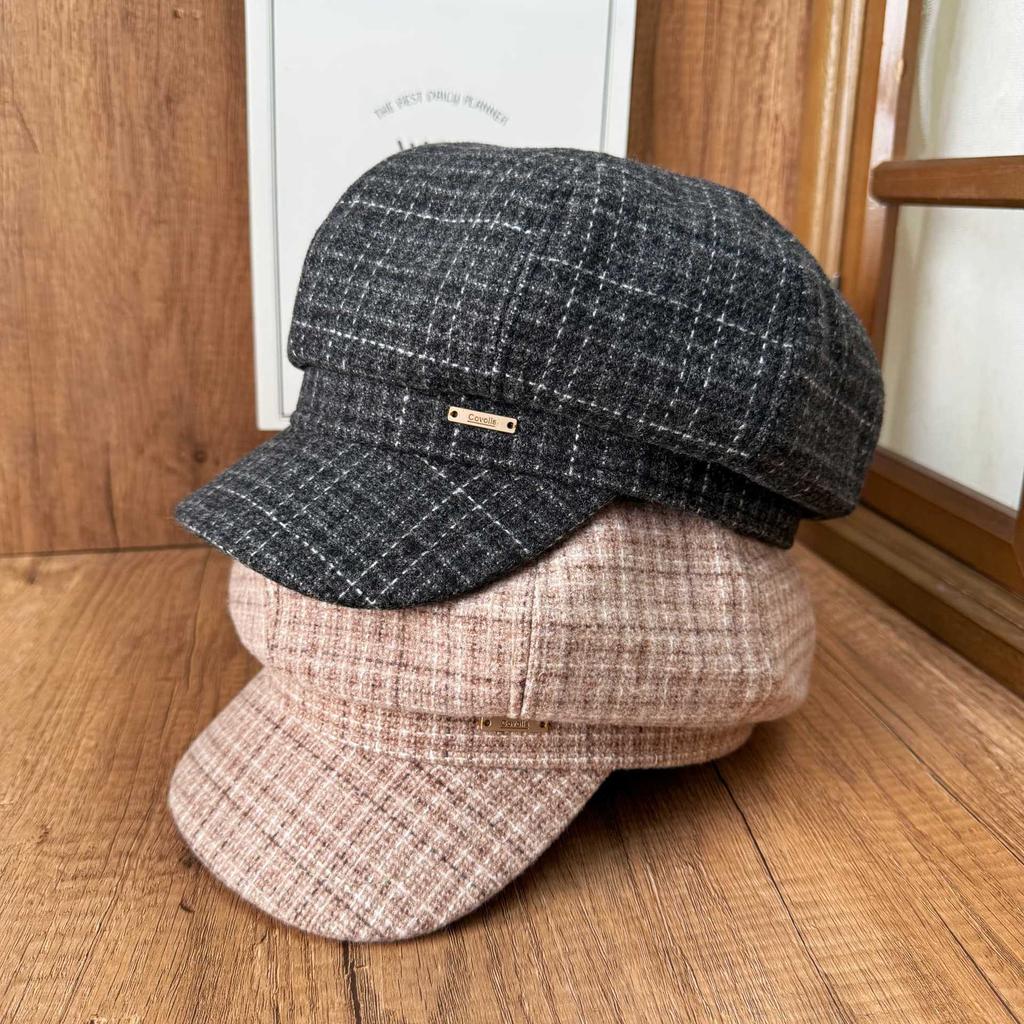 British retro plaid woolen newsboy hat women's metal standard octagonal hat beret autumn and winter cap modifying face shape