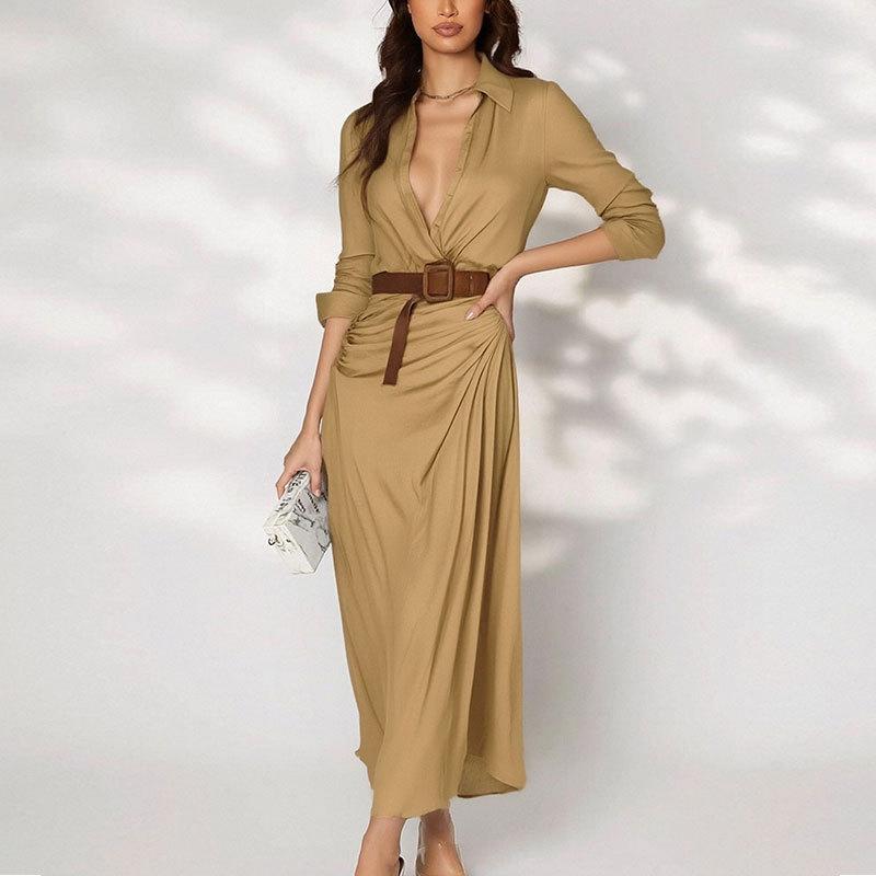 

Women s spring new, European and American, fashion temperament waist slim V-neck dress 3XL хакі