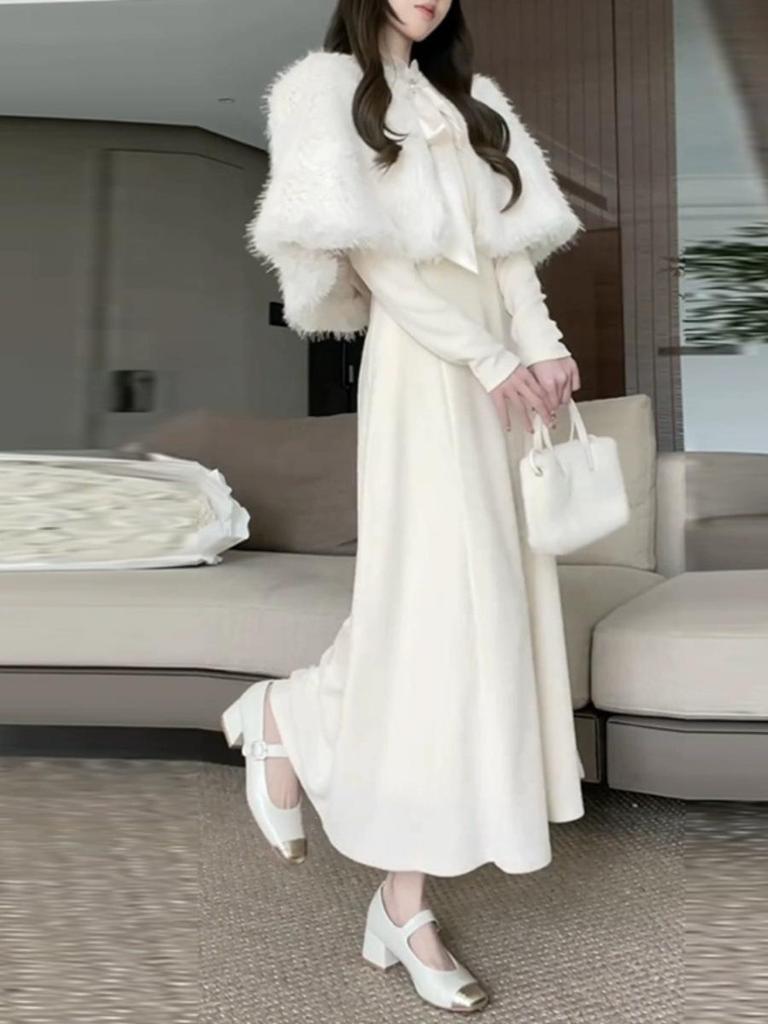 Fluffy French Chic Women's Skirt & Shawl Set – Autumn/Winter High-End Look