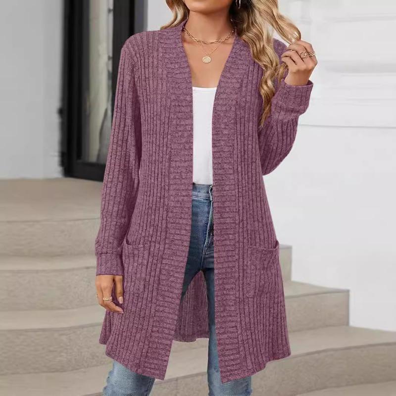

Женская осенне-зимняя длинная однотонная куртка-кардиган с длинным рукавом и свободными карманами 2XL вино красного