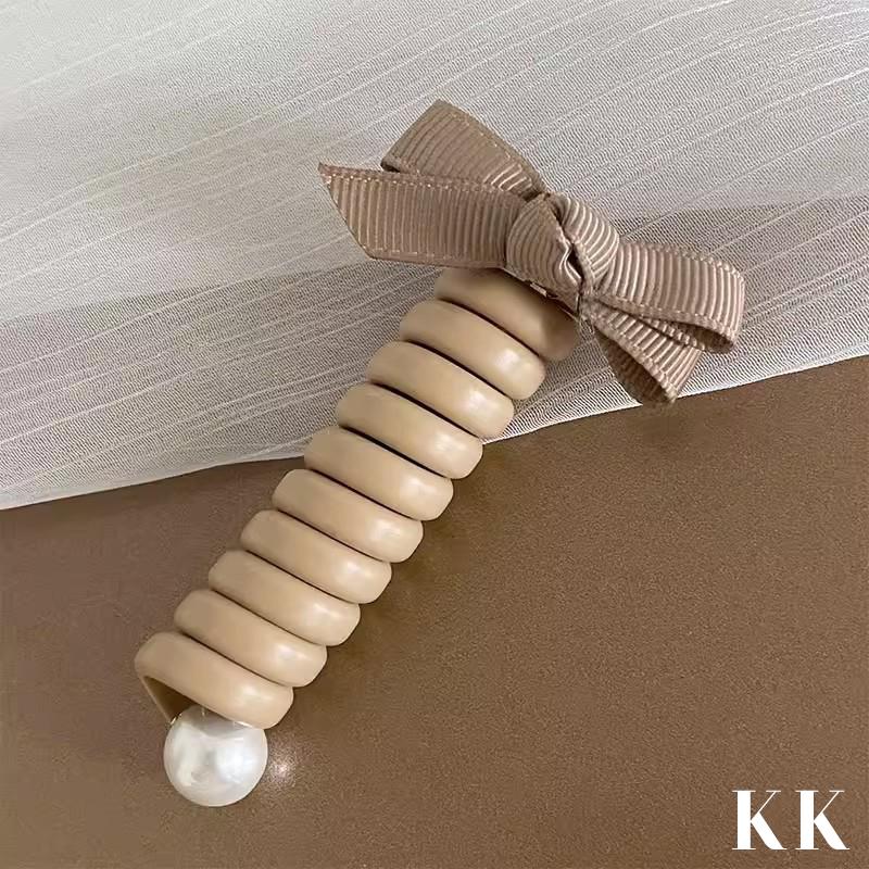 Bowknot Braided Telephone Wire Hair Bands,Spiral Hair Ties Phone Cord With Pearl,Waterproof High Elastic Rubber Hair Band