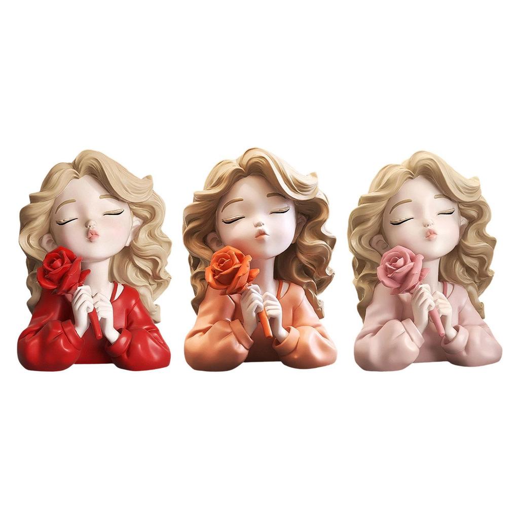 Resin Girl Statue Holding Flower Desk Figure Indoor Home Decor Decoration Sculpture for Mother Day Xmas Birthday Lovers Shelf
