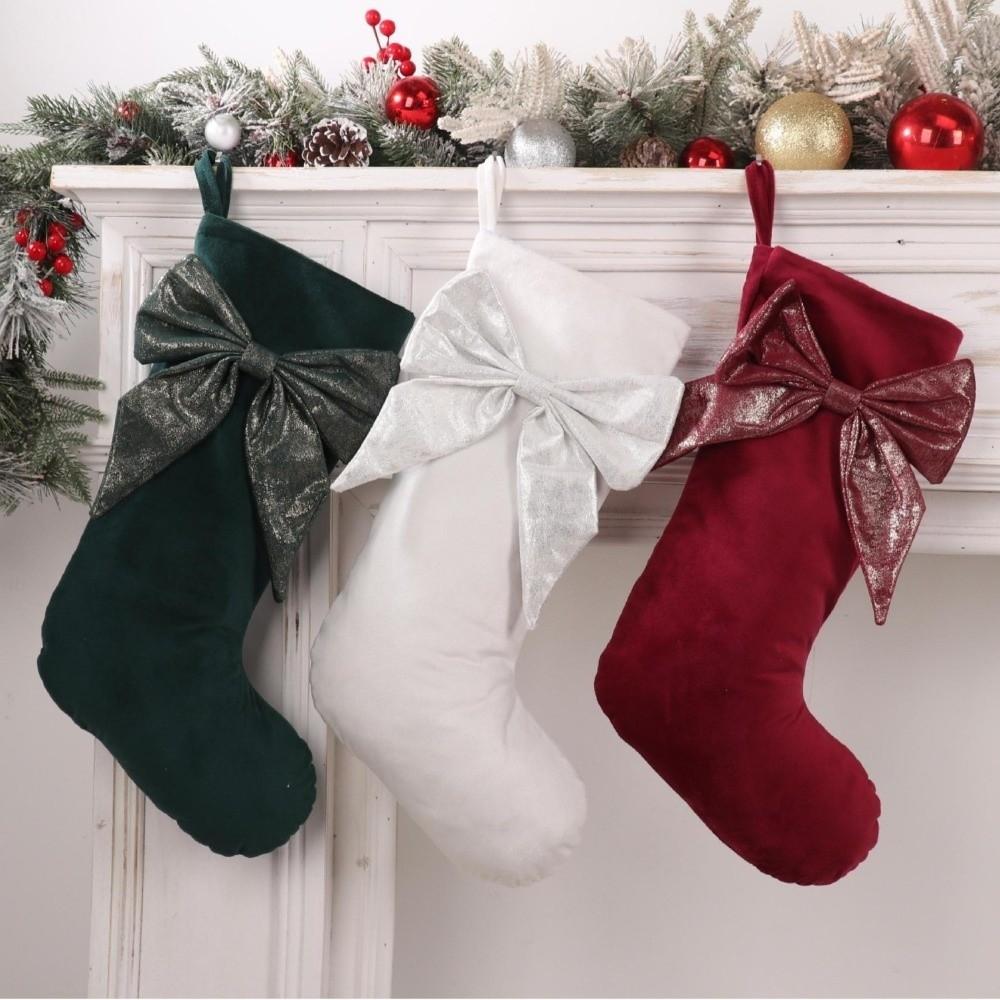 Decorative Big Bow Christmas Stocking Velvet Candy Bag Hanging Stocking Fireplace Ornament Holiday Decor