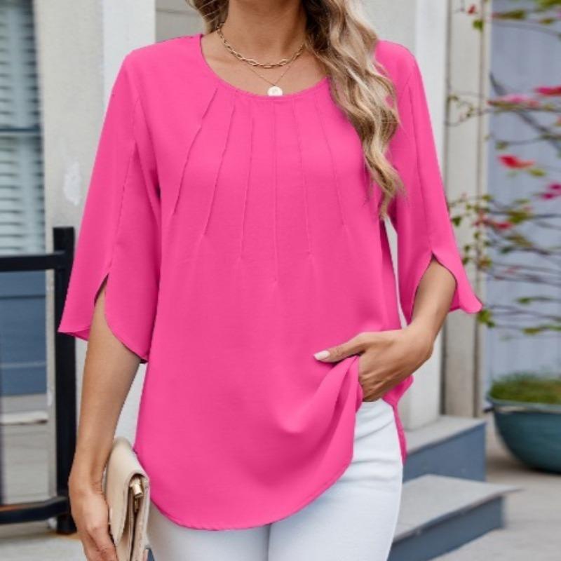 Spring Summer Solid Color Round Neck Zipper Five Quarter Sleeve Loose Chiffon Shirt