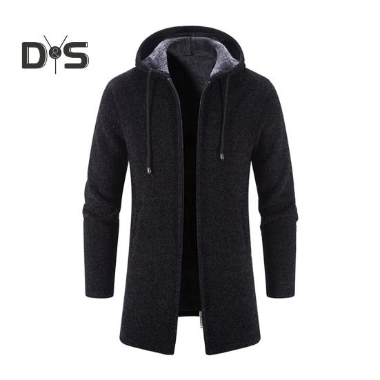 

Мужское трикотажное пальто с капюшоном, завязками на шнурке, длинными рукавами, однотонная куртка с застежкой-молнией, теплая зимняя куртка средней длины XL чёрный