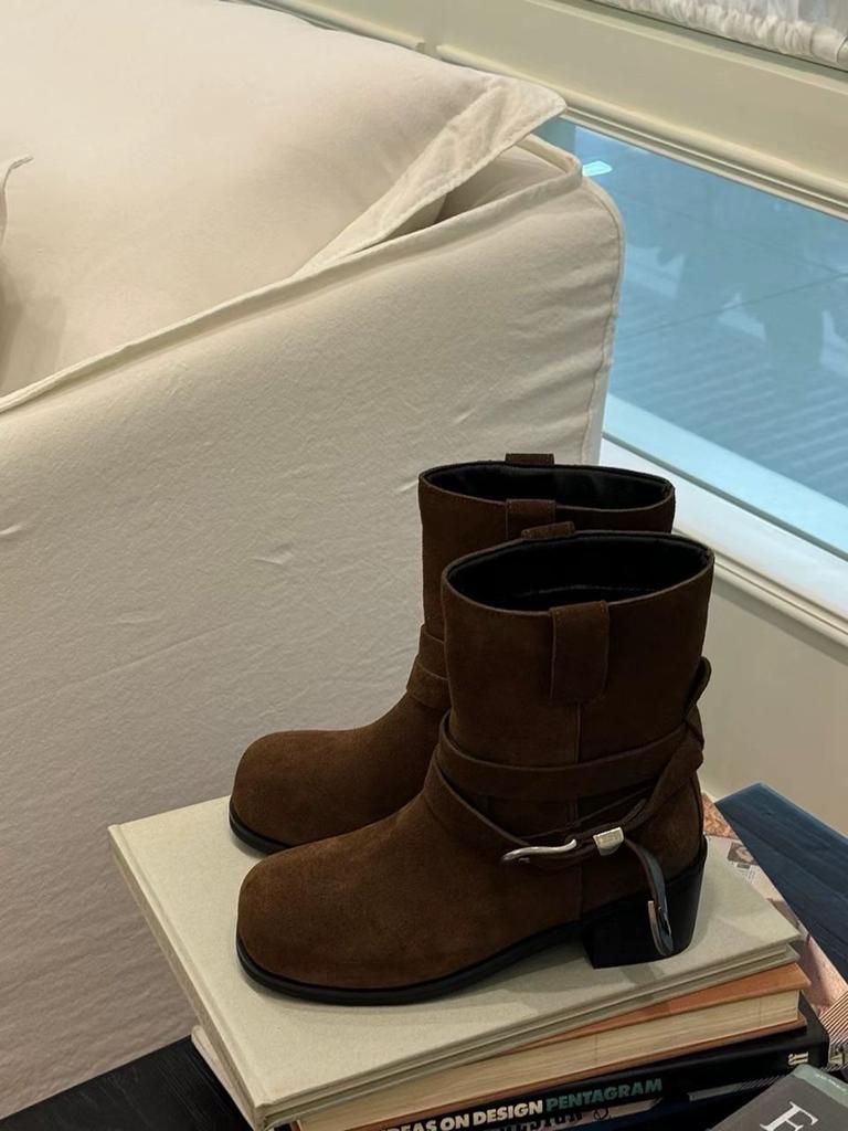 Sheepskin Version~ Retro Square Head Thick Heel Heightened Western Cowboy Boots Belt Buckle Martin Boots Women's 2025 New Short Boots