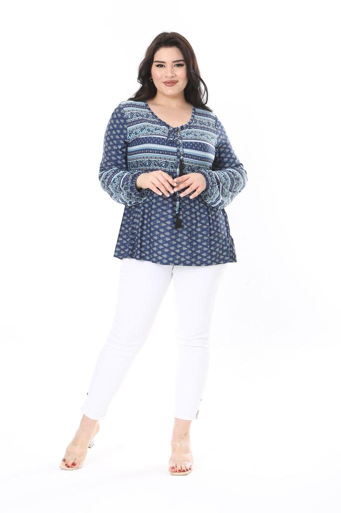 Damen Übergröße Bluse Plus Size Blau Kusskragen Taille Elastisch Detaillierte Bluse