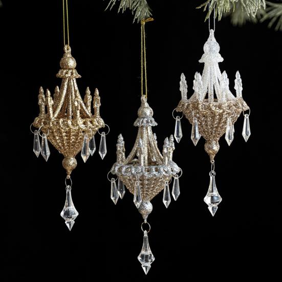 Glitter Chandelier Ornament 7 Inch Sparkling Acrylic Chandelier Christmas Tree Ornaments with Faux Crystal for Trees Doors Holiday Home Decor