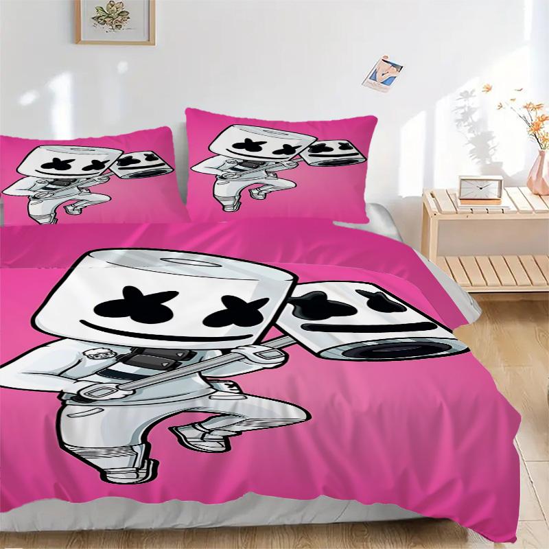 Marshmello Dj Cartoon Illustration Print 3Pcs Bedding Set,Duvet Cover with 2 Bedro,Pillowcase Home Birthday Gift