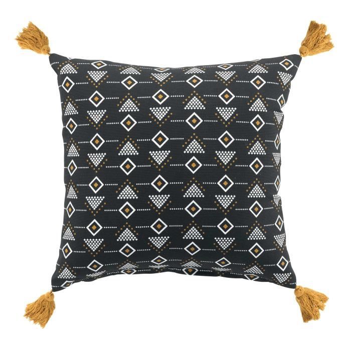 Coussin rectangulaire noir Letikos avec pompons - 40 x 40 cm