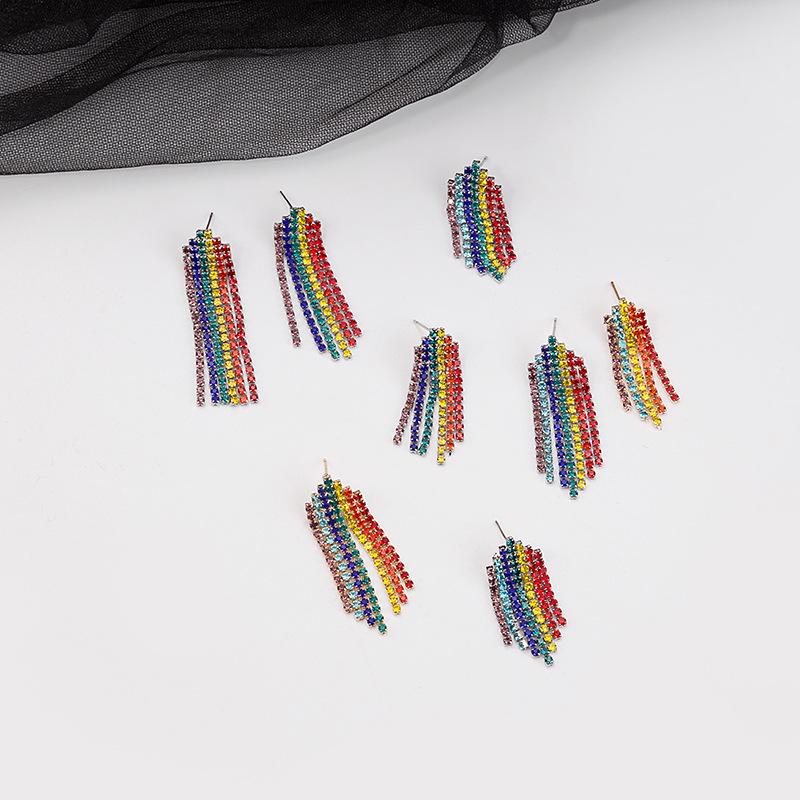 

European and American Fashion Rainbow Tassel Rhinestone Stud Earrings with Korean Catwalk Style