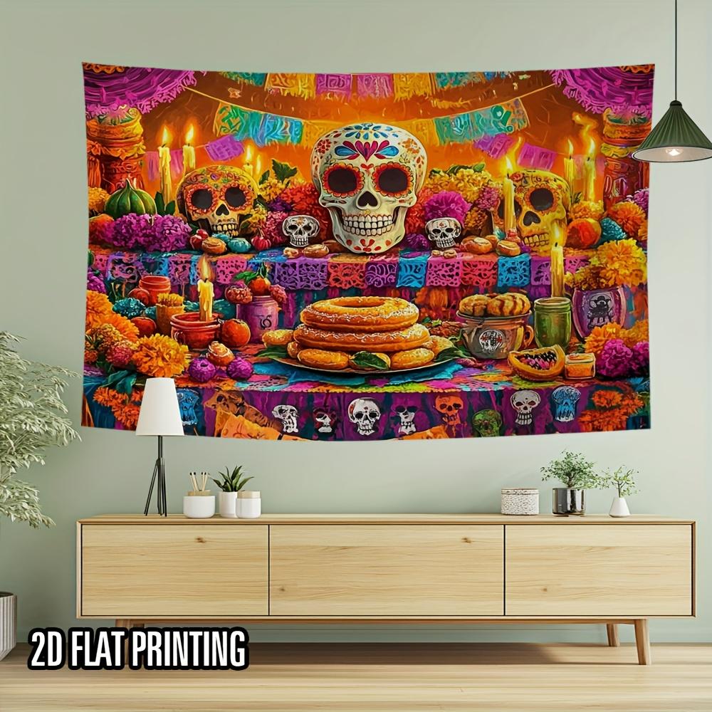 1pc Day of the Dead Photography Background Vivid Sugar Skeletons and Marigold Designs Durable Event and Party Banners