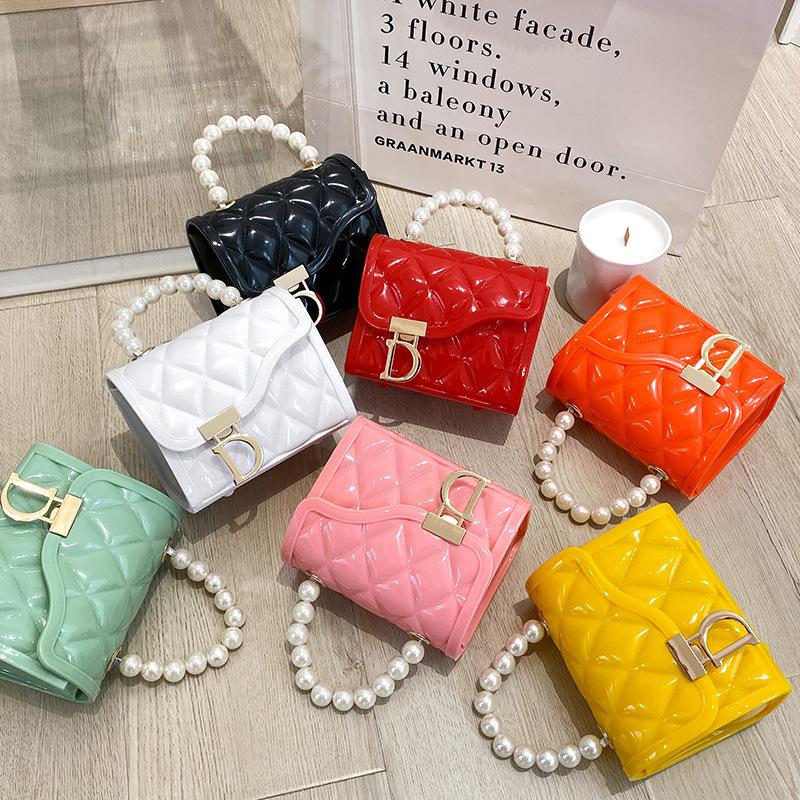 Cross-Border Women's Bag New Trendy Fashion Quilted Embossed Chain Mini Jelly Small Square Bag Versatile Pearl Handbag