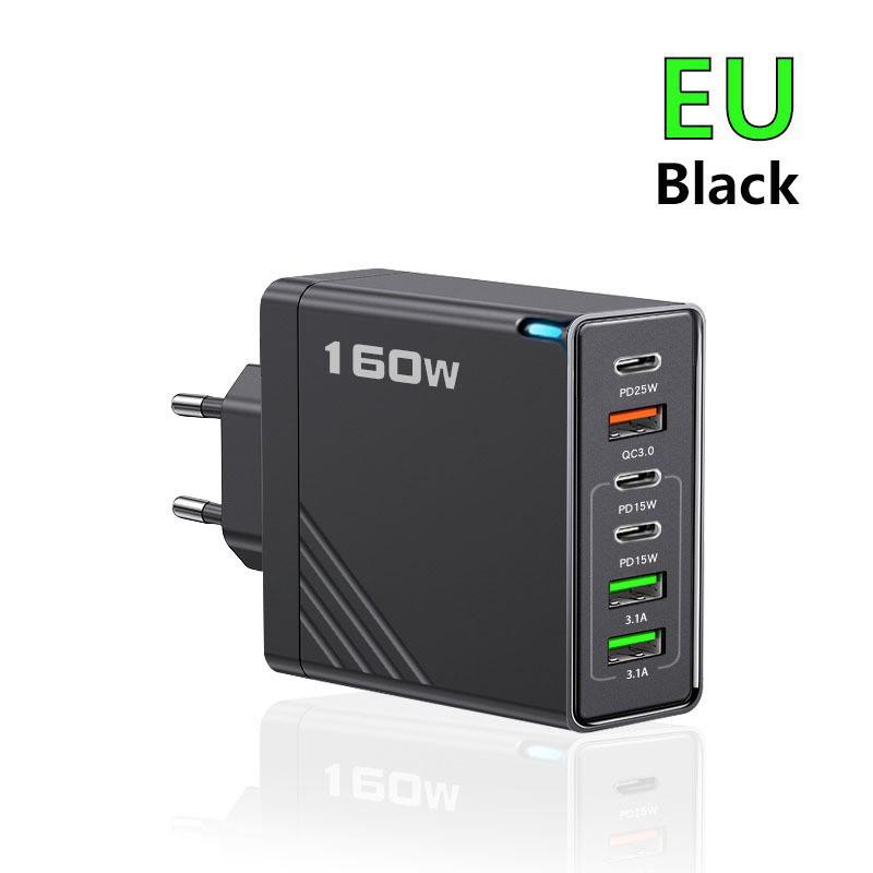 160W Multi-Port Fast Charger: 3 USB + 3 Type-C, EU/UK Plug, Compatible with Apple, Huawei, Xiaomi