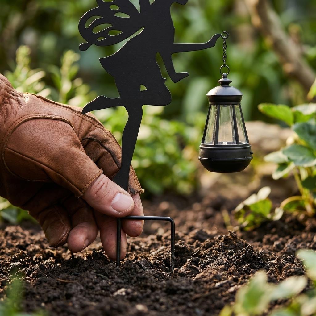 Solar Powered Outdoor Garden Fairy Stake Lights Metal Silhouette Decorative Lantern Holder for Yard Patio Lawn Pathway Lighting