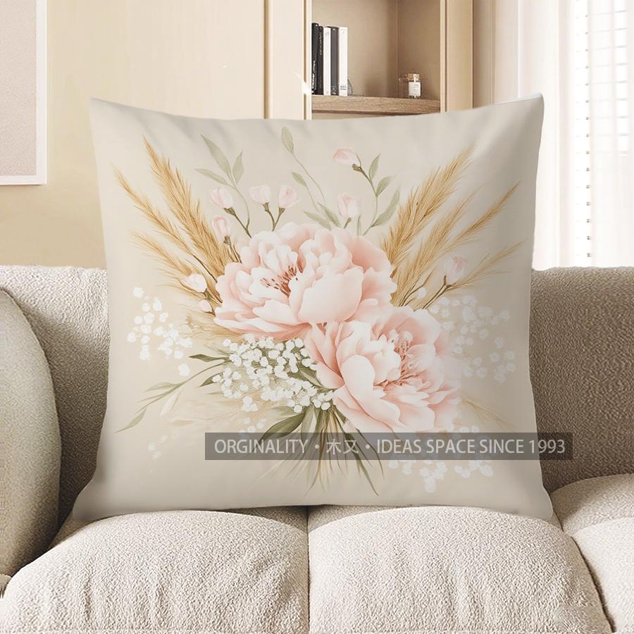 Home Decor Pink Peonies &amp; Wheat Floral Pillow Cover Pattern Cushion Cover Suitable For Sofa Bedroom Car Pillow Cover