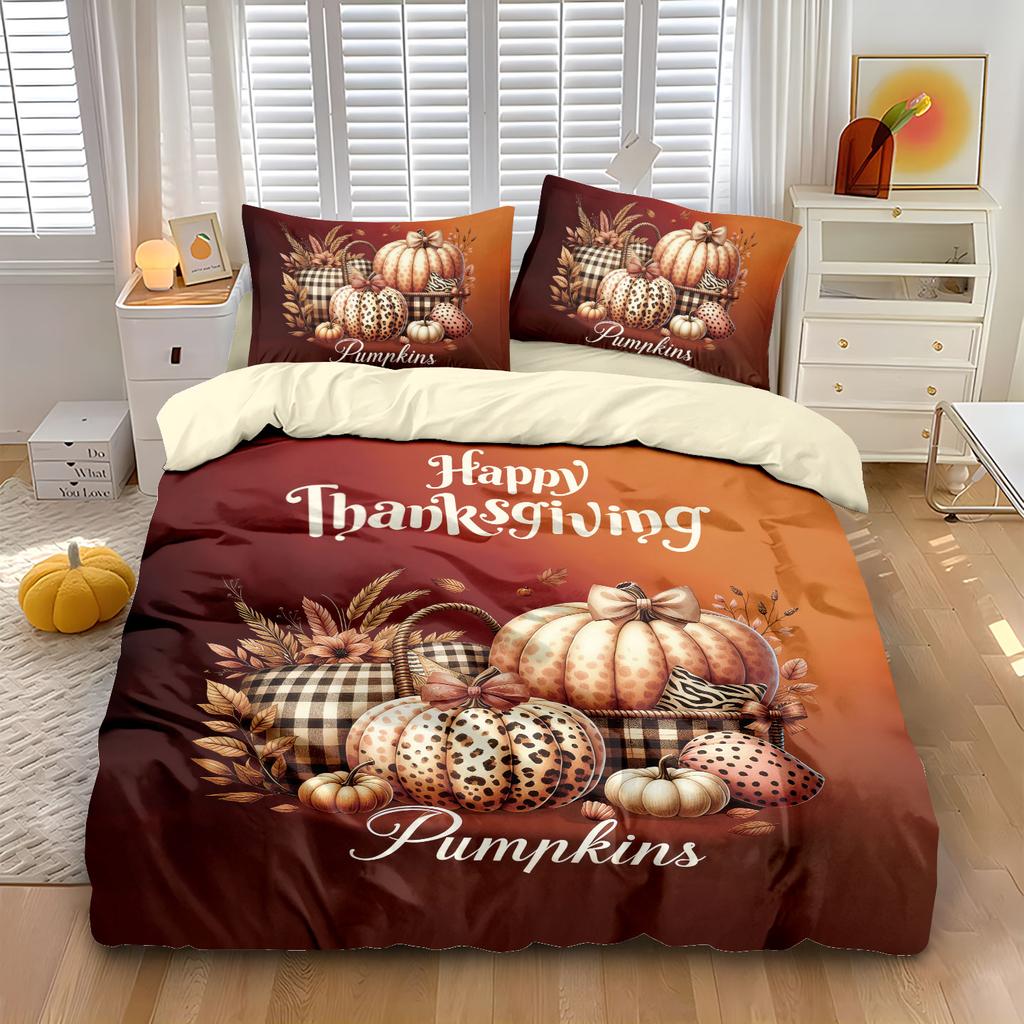 3pcs Autumn Harvest Pumpkin Thanksgiving Printed Chipless Bedding Set Multi Size Bedding Decoration for Bedroom and Dormitory
