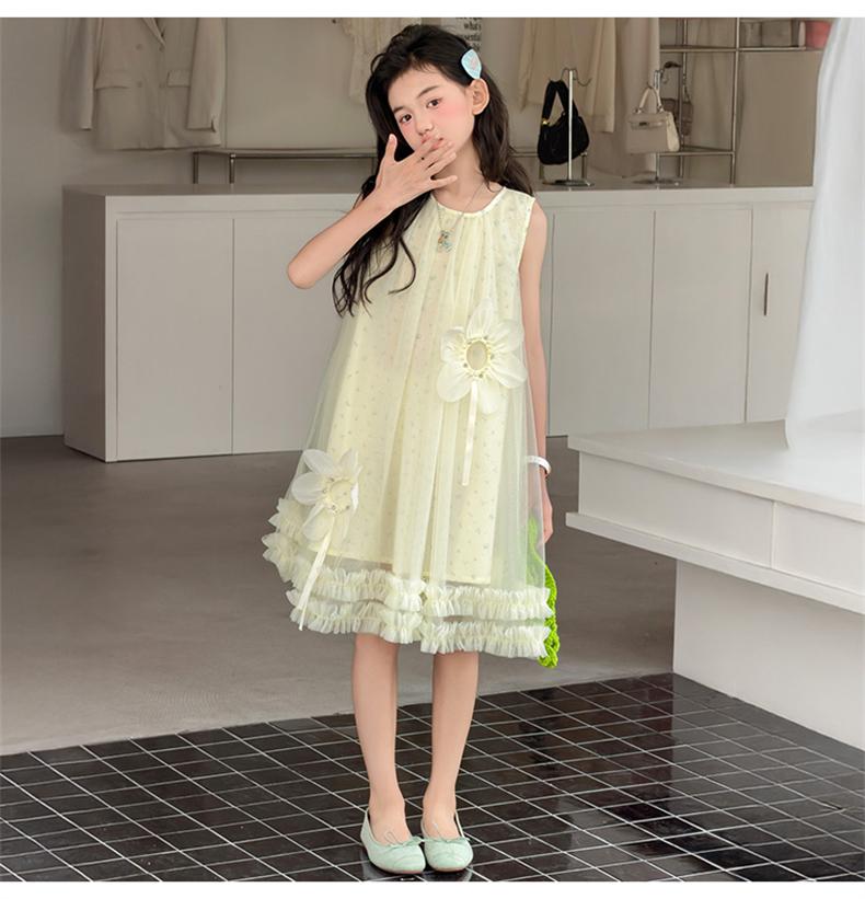 Girls' Summer Sweet Flower Dress Yarn Skirt 2026 New Mid To Large Girls' Princess Skirt Medium To Long Tank Top Skirt