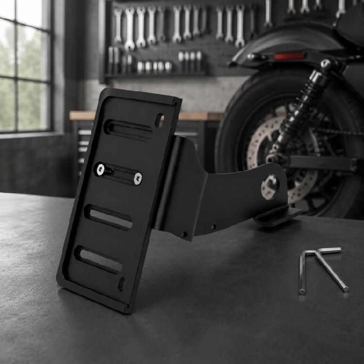 Side Mount Bracket for Motorcycle, Slotted Black Aluminum License Plate Mount with Bolt-On Replacement