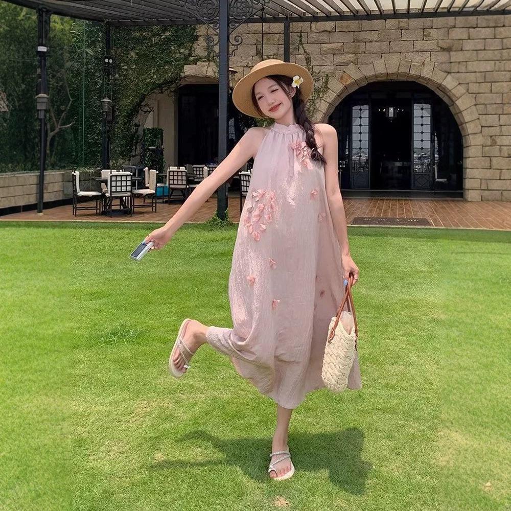 French gentle flower neck dress children's summer temperament off-the-shoulder vest skirt loose and thin A-shaped long dress