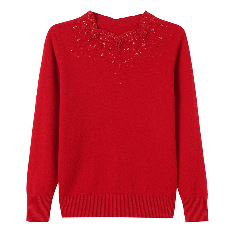 Year of the Rat Women's Thick Cashmere Sweater - Half-High Collar, Chinese Style, Plus Size, Red Winter Base Layer.