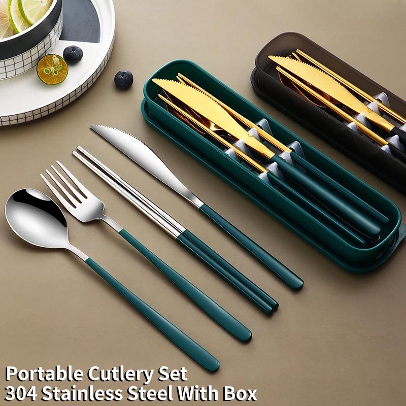 Cutlery Set 304 Tableware Set Portable  Stainless Steel Knife Fork Spoon Dinnerware Set High Quality Travel Flatware with Box