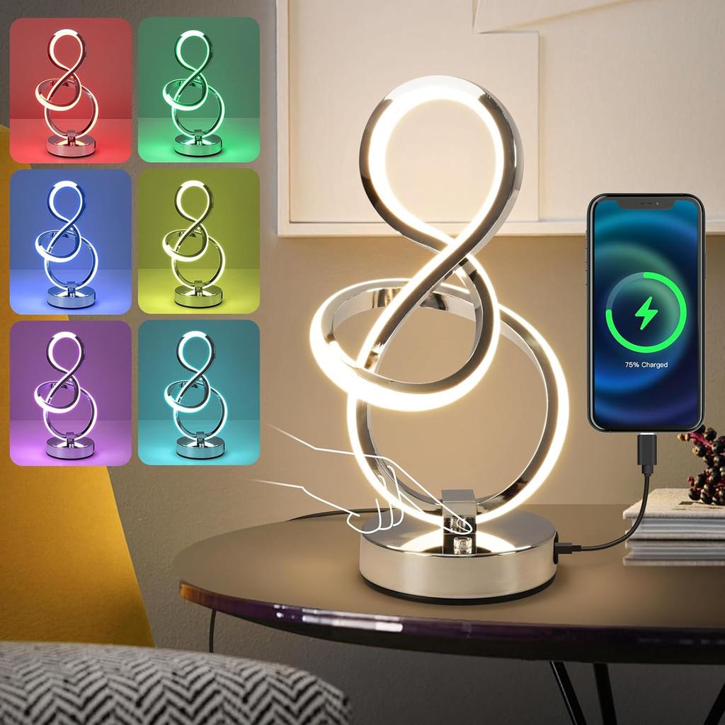 Modern Spiral Table Lamp, 7 Colors 10 Light Modes LED Nightstand Small Lamp with USB C+A Ports, Touch Dimmable Lamps for Living Room Bedroom Bedside,
