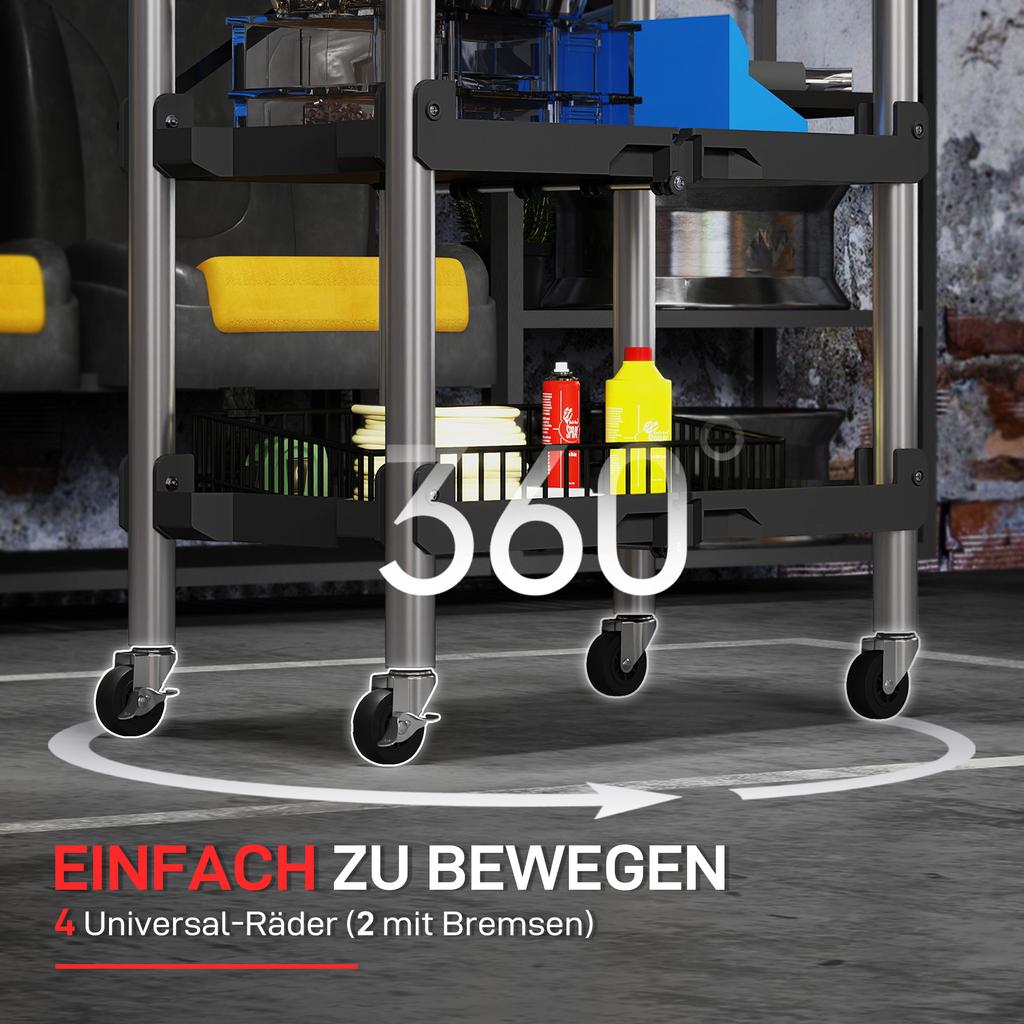Foldable 3 Tier Tool Trolley Plastic Steel Black