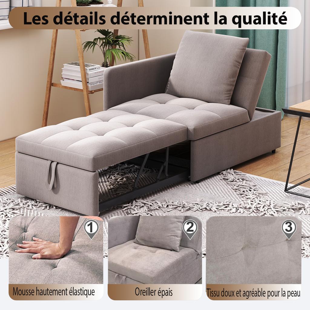 Upholstered Bed Sofa Bed 3 In 1 Multifunctional Sofa Bed, Linen Fabric Sofa with Adjustable Backrest, Lounge Sofa for Small Spaces