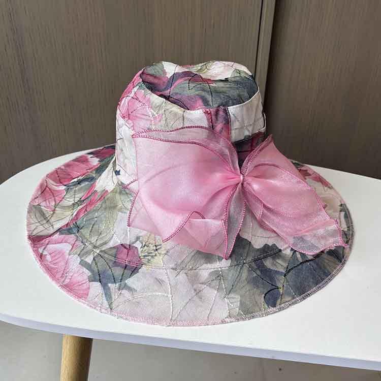 New sunscreen hat women's summer breathable sun hat middle-aged and elderly temperament printed sun hat organza bucket hat