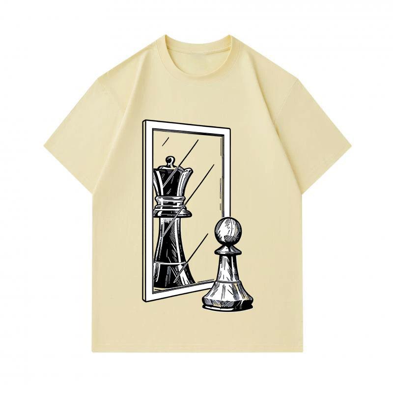 Men's 100% Cotton Crew Neck Short Sleeve T-Shirt, Funny Pawn Chess Piece Mirror Reflection Queen Print Casual Summer Fashion Tees for Chess Lovers Dai