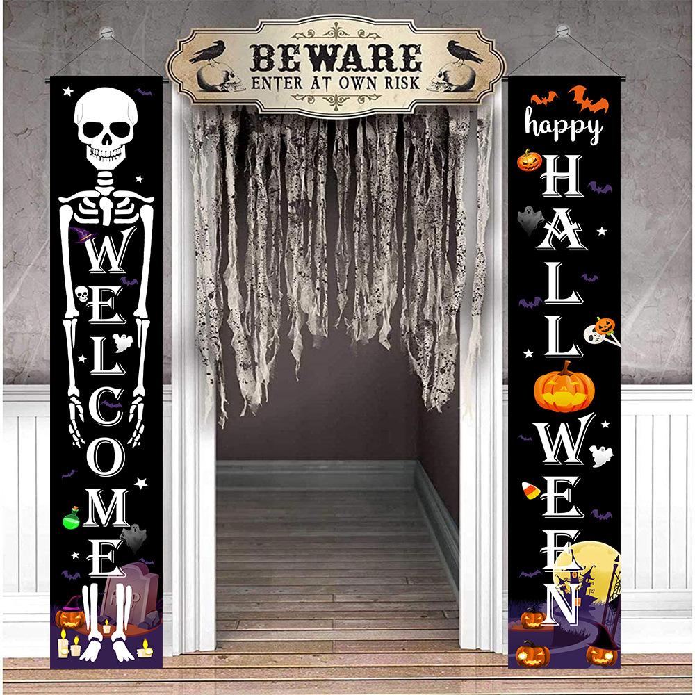 Mexican Day of The Dead Couplet Halloween Skull Pattern Banner Halloween Horror Themed Party Decor Door Hanging Flags Curtain