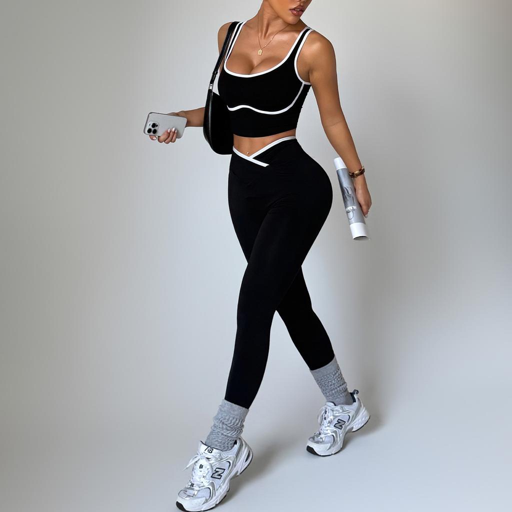 Women Black White Color Block Sports Bra High Waist Leggings Workout Set Activewear Yoga Set
