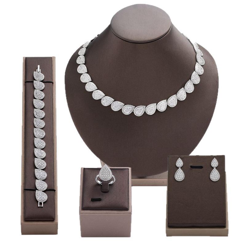 Stylish and Simple Zircon Necklace Earrings Set Copper Plated Party Banquet Popular Accessories Women