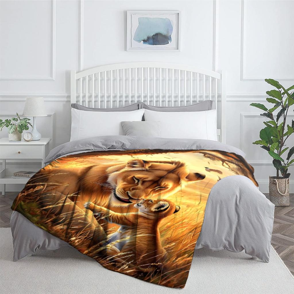 1pcLion Mother and Cub African Savanna Sunset Flannel Blanket Wild Animal Print Soft Warm Throw Blanket for Bed Living RoomDecor