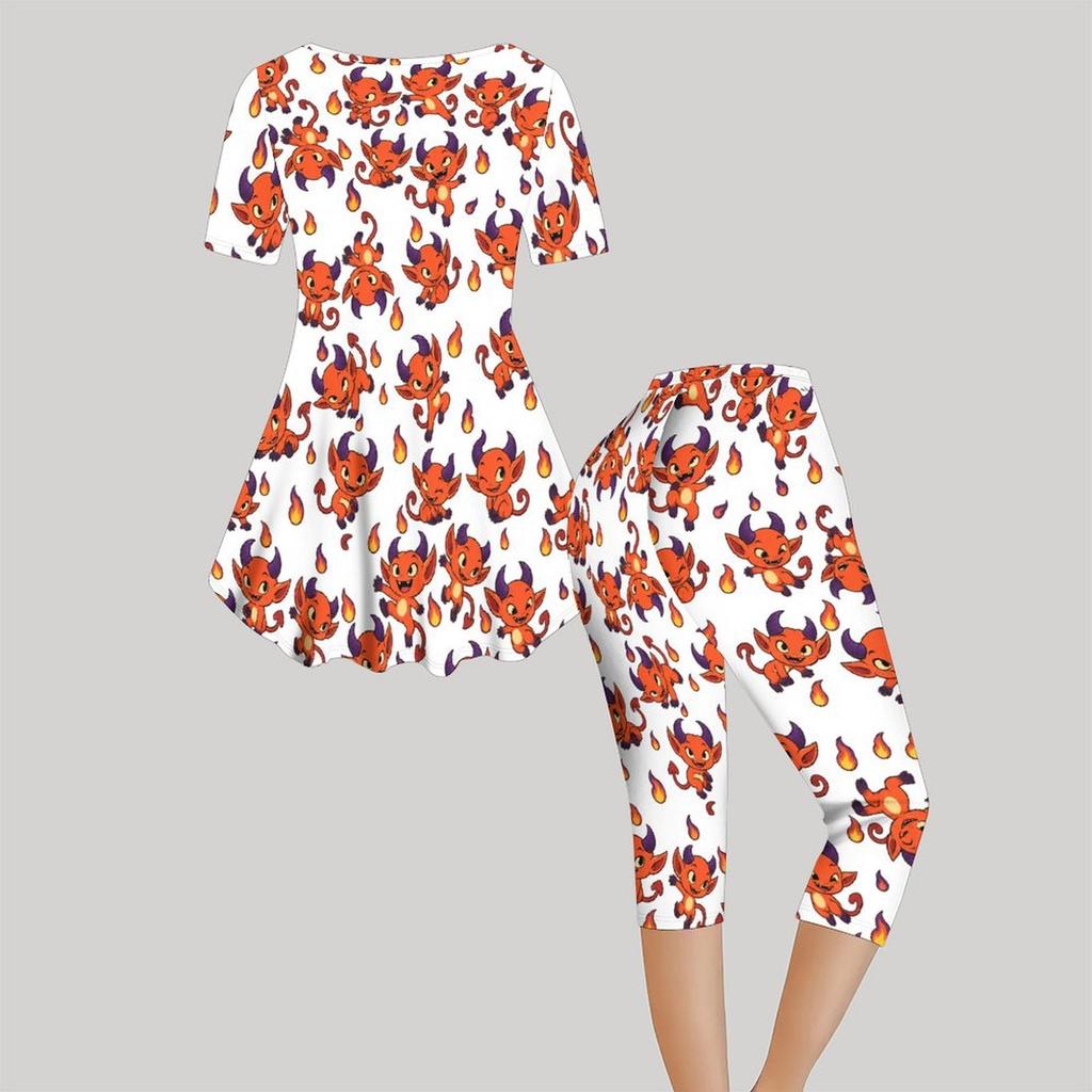 Women Plus Size Printed Round Neck Short Sleeve Flared Top Capri Pants Two Piece Loungewear Set