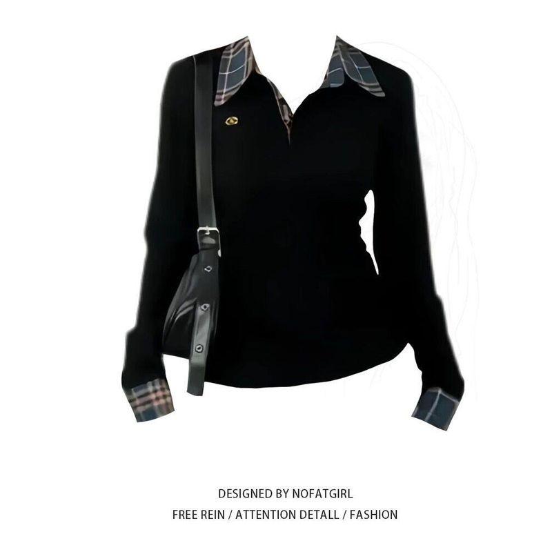 Plus Size Chubby Girl Korean Style Plaid Lapel Stitching Long Sleeve T-shirt Women's Autumn New Arrival Silm Slim Fit Versatile Top Tide