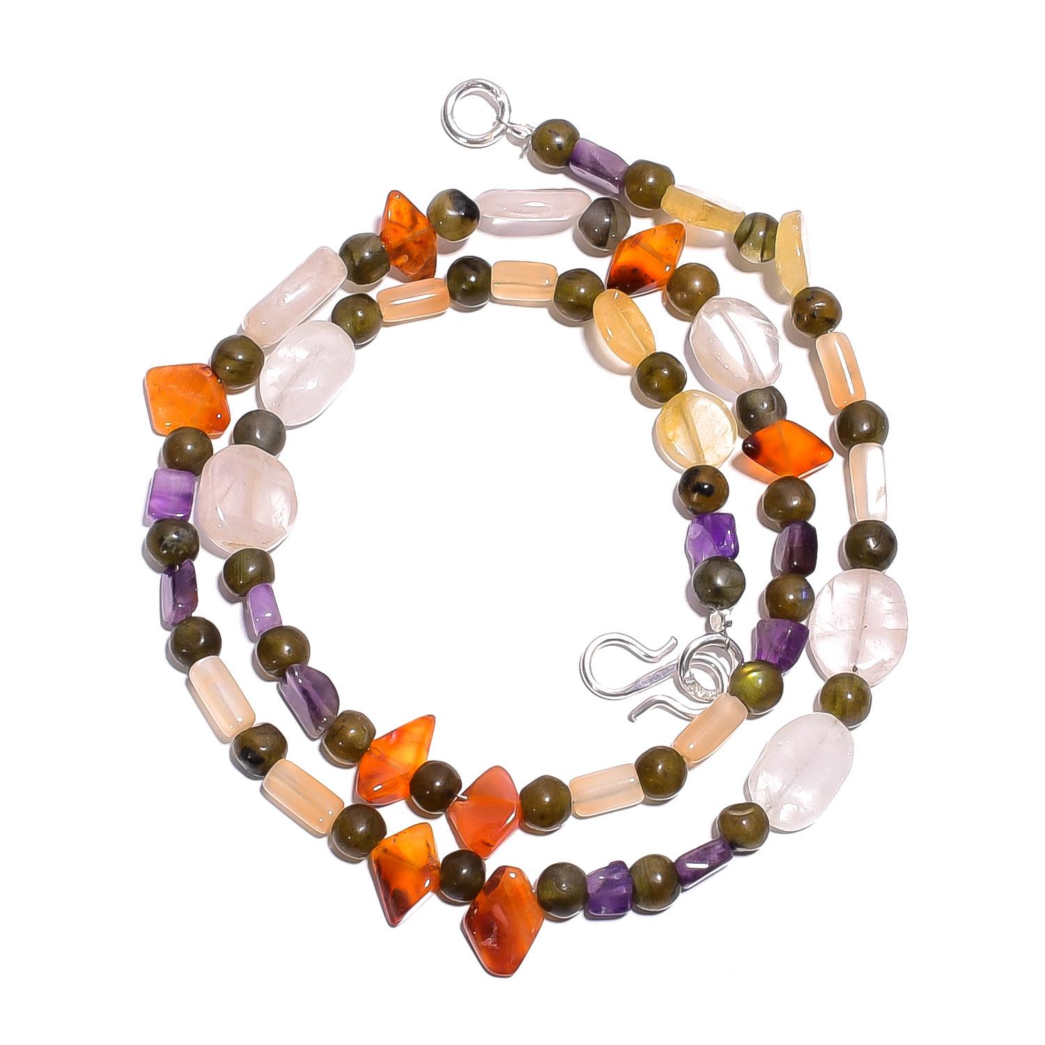 

Natural Rose Quartz Labradorite Carnelian Gemstone Beads Necklace 17 UB-4974 UB-4974