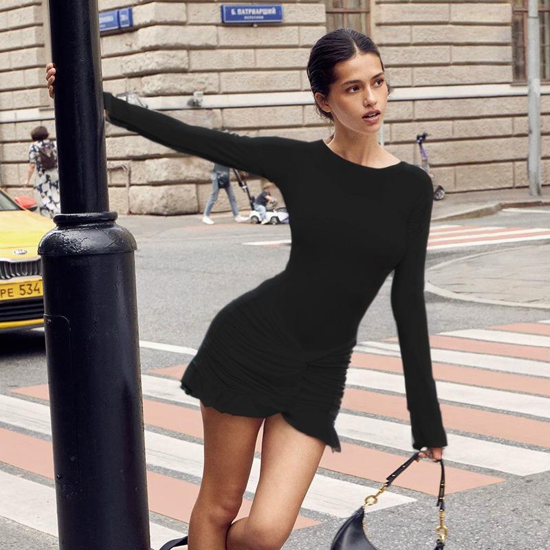 Women's Autumn Solid Color Twist Detail Long Sleeve Slim Fit Dress