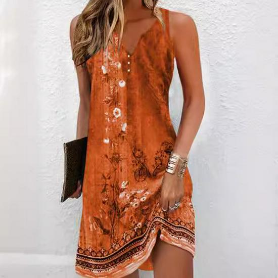 European and American Women's Floral Button A-line V-neck Sleeveless Dress, 2024 Fashion Trend.