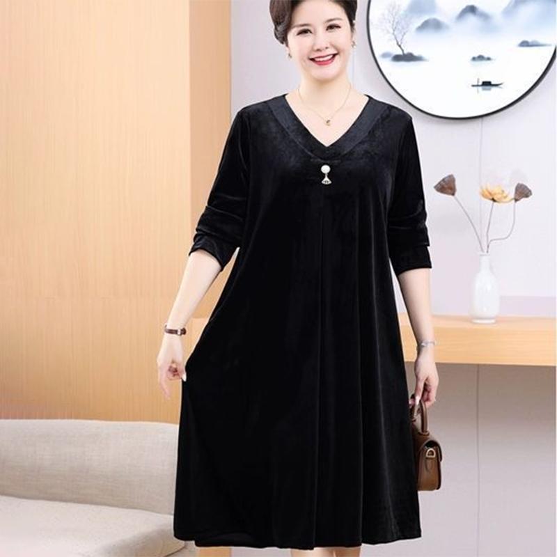 Damen Übergröße Samtkleid Frühling Herbst V-Ausschnitt Locker Langes A-Linien-Kleid