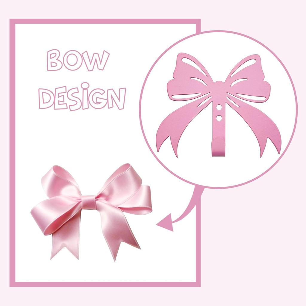 4 Pcs Metal Bow Knot Hooks Wall Door Hanger Towel Hooks Coat Hanger Decorative Holder for Home Bathroom Living Room (Pink)